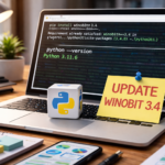 Windows laptop showing Python version check and Winobit 3.4 update process on a developer workspace desk