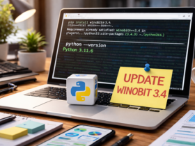 Windows laptop showing Python version check and Winobit 3.4 update process on a developer workspace desk