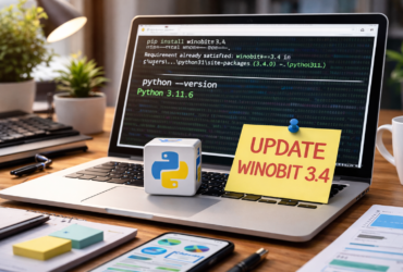 Windows laptop showing Python version check and Winobit 3.4 update process on a developer workspace desk