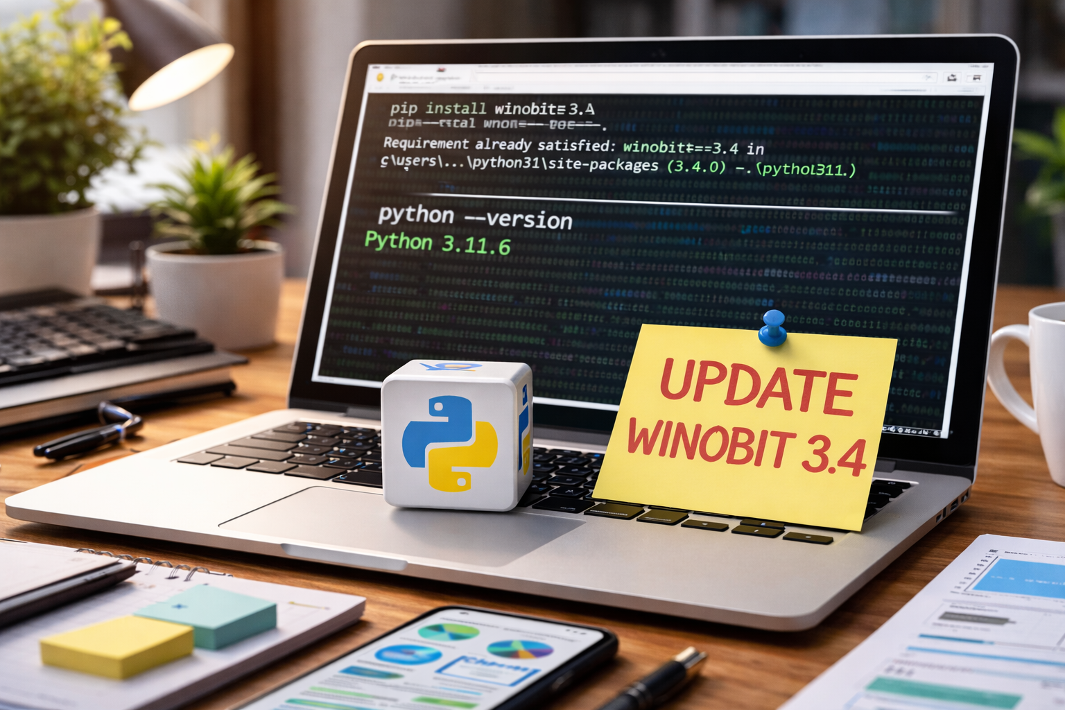 Windows laptop showing Python version check and Winobit 3.4 update process on a developer workspace desk