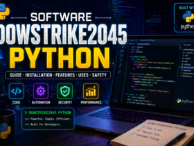Futuristic coding screen showing Dowsstrike2045 Python software concept with Python code and modern developer workspace
