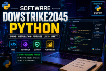 Futuristic coding screen showing Dowsstrike2045 Python software concept with Python code and modern developer workspace