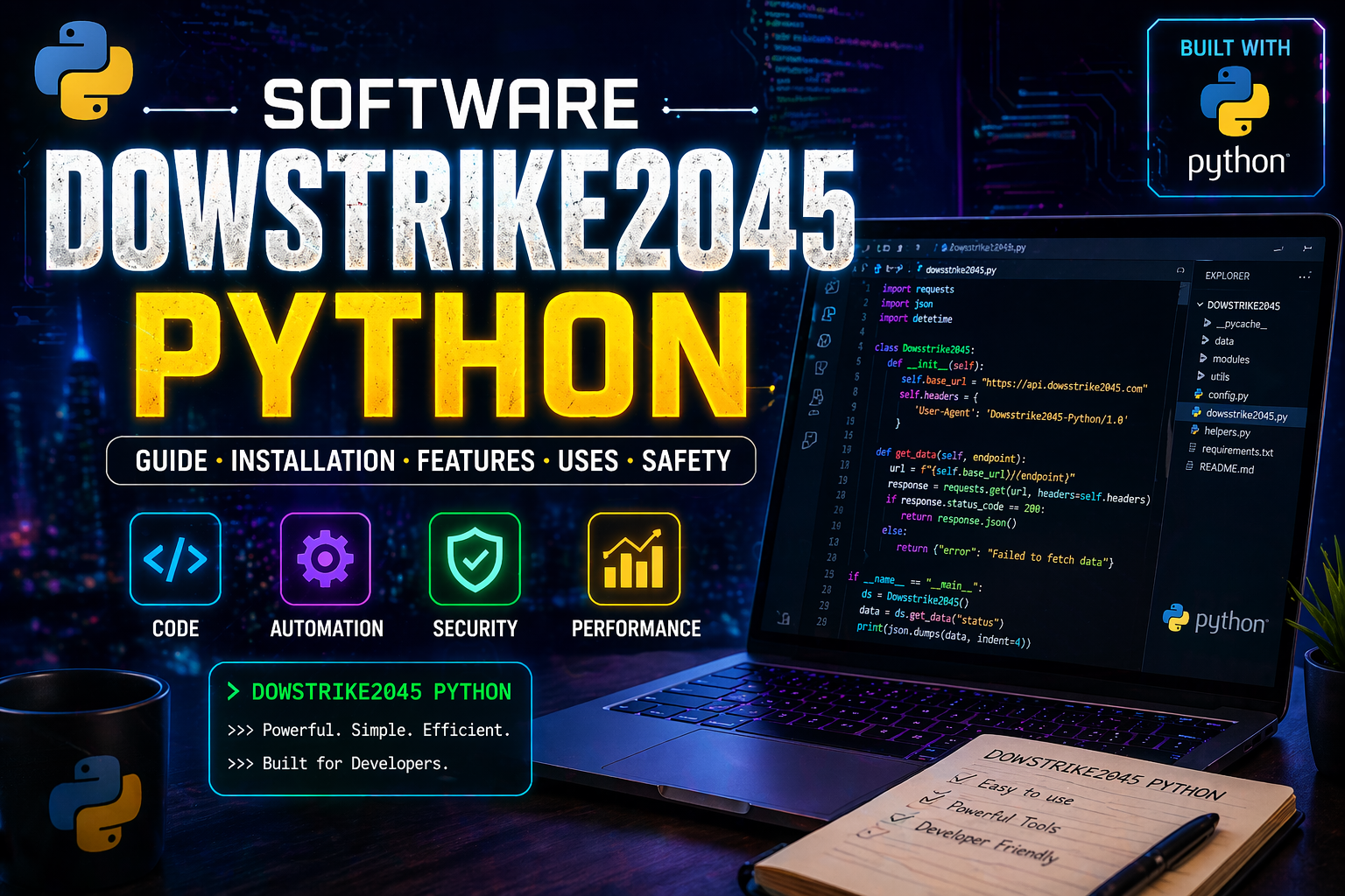 Futuristic coding screen showing Dowsstrike2045 Python software concept with Python code and modern developer workspace