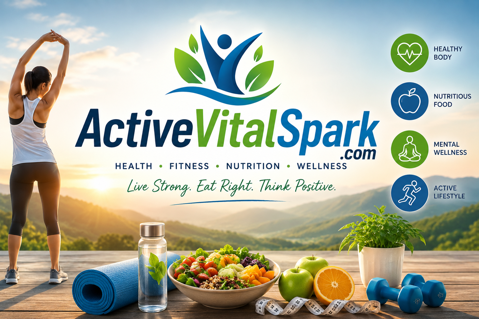 ActiveVitalSpark.com wellness and fitness banner featuring healthy lifestyle elements, exercise, nutrition, and mental wellness concepts.