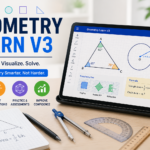A tablet displaying interactive geometry lessons with triangles, circles, and transformation tools on a study desk with rulers, a compass, and notebooks.
