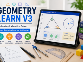 A tablet displaying interactive geometry lessons with triangles, circles, and transformation tools on a study desk with rulers, a compass, and notebooks.