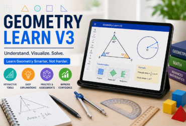 A tablet displaying interactive geometry lessons with triangles, circles, and transformation tools on a study desk with rulers, a compass, and notebooks.